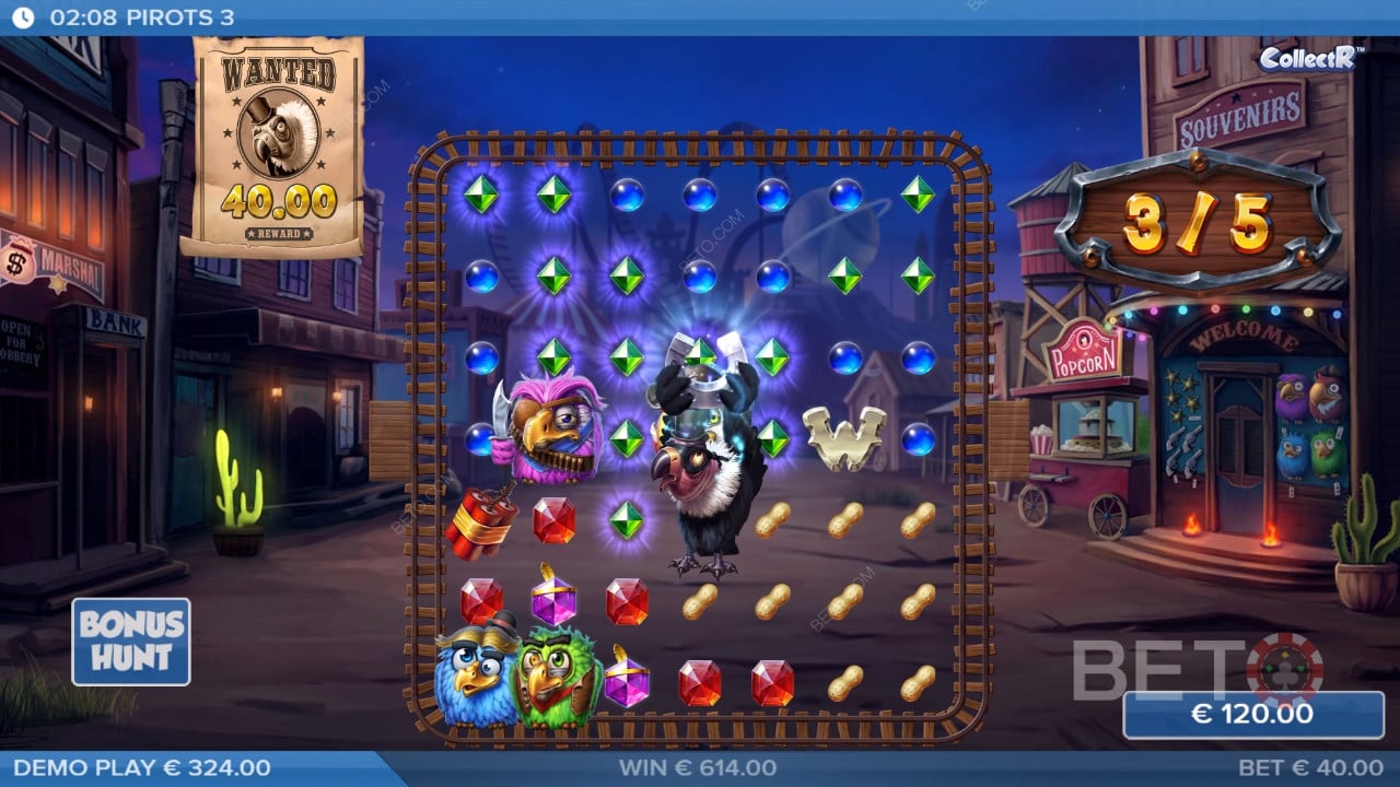 Ecrã de jogabilidade do Pirots 3 mostrando a grelha e as mecânicas de recolha