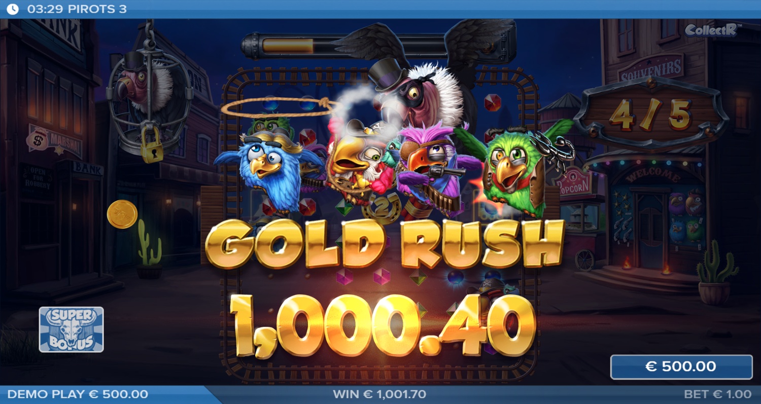 Pirots 3 mobile slot em modo paisagem com bobinas expandidas e controlos laterais