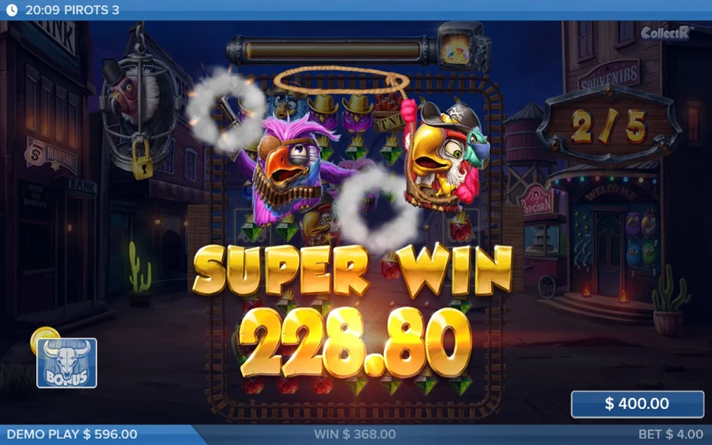 Multiplicadores de moedas no Pirots 3 com papagaios piratas do Velho Oeste