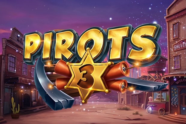 Tema visual do Pirots 3 com papagaios piratas no Velho Oeste e cidade desértica ao entardecer